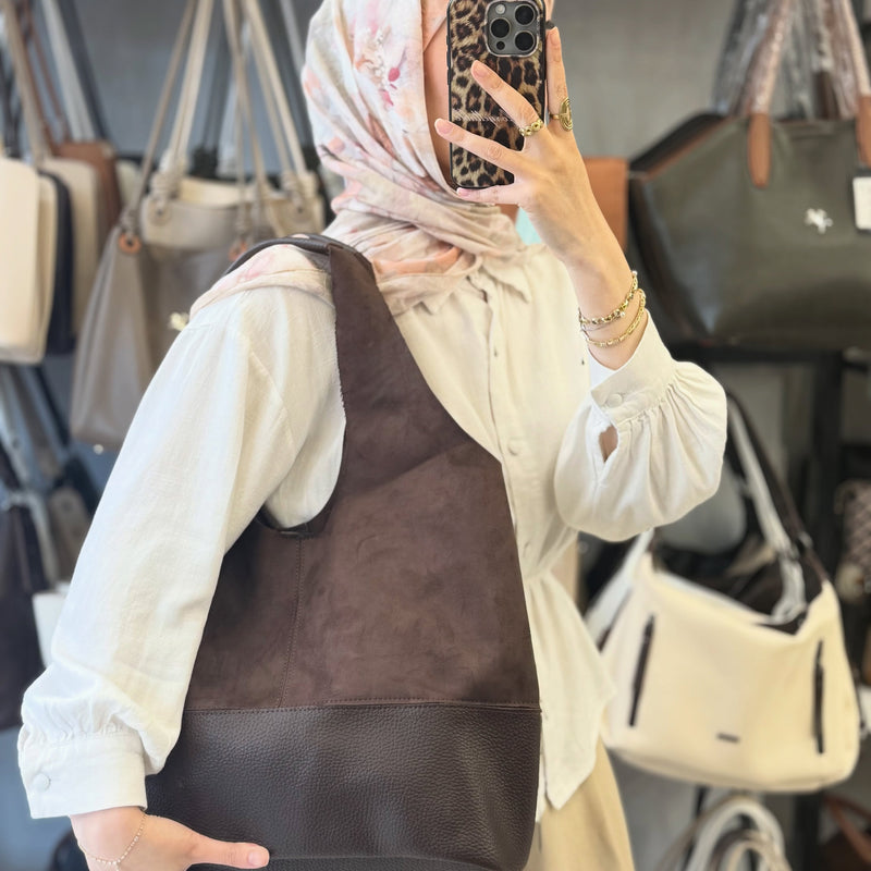 Nas Bag Kahve Süet Yavrulu Geniş Hacimli Kadın Omuz Çantası - 1096 - 2