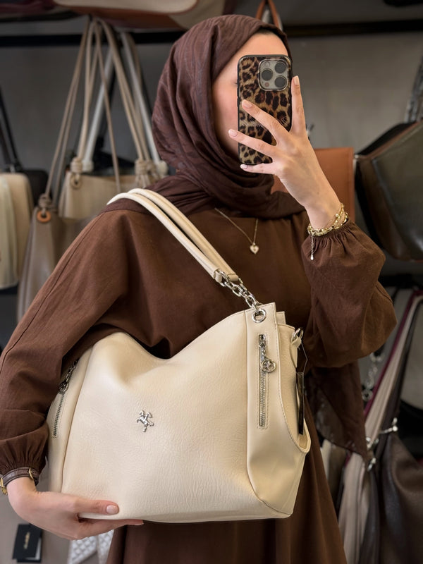 Nas Bag Zamansız Şıklık ve Maksimum Kullanışlılık Krem Çok Gözlü Deri Omuz Çantası - 1274
