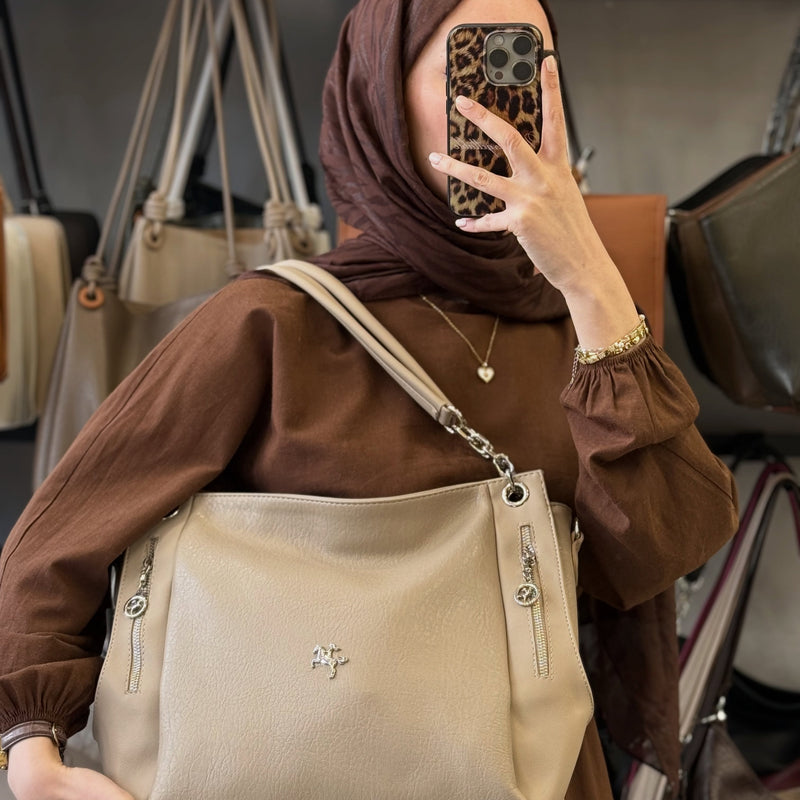 Nas Bag Zamansız Şıklık ve Maksimum Kullanışlılık Kum Çok Gözlü Deri Omuz Çantası - 1274