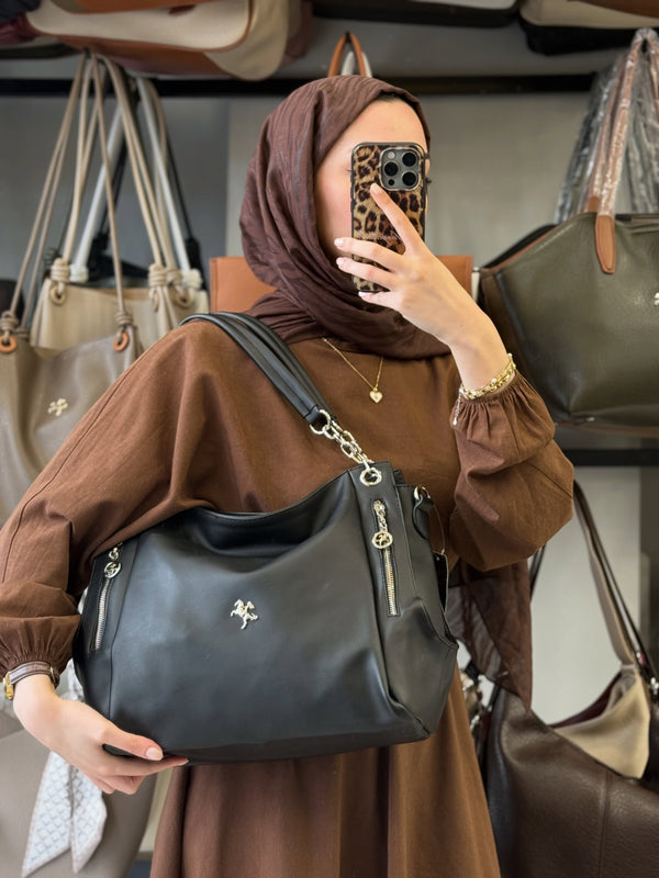 Nas Bag Zamansız Şıklık ve Maksimum Kullanışlılık Siyah Çok Gözlü Deri Omuz Çantası - 1274