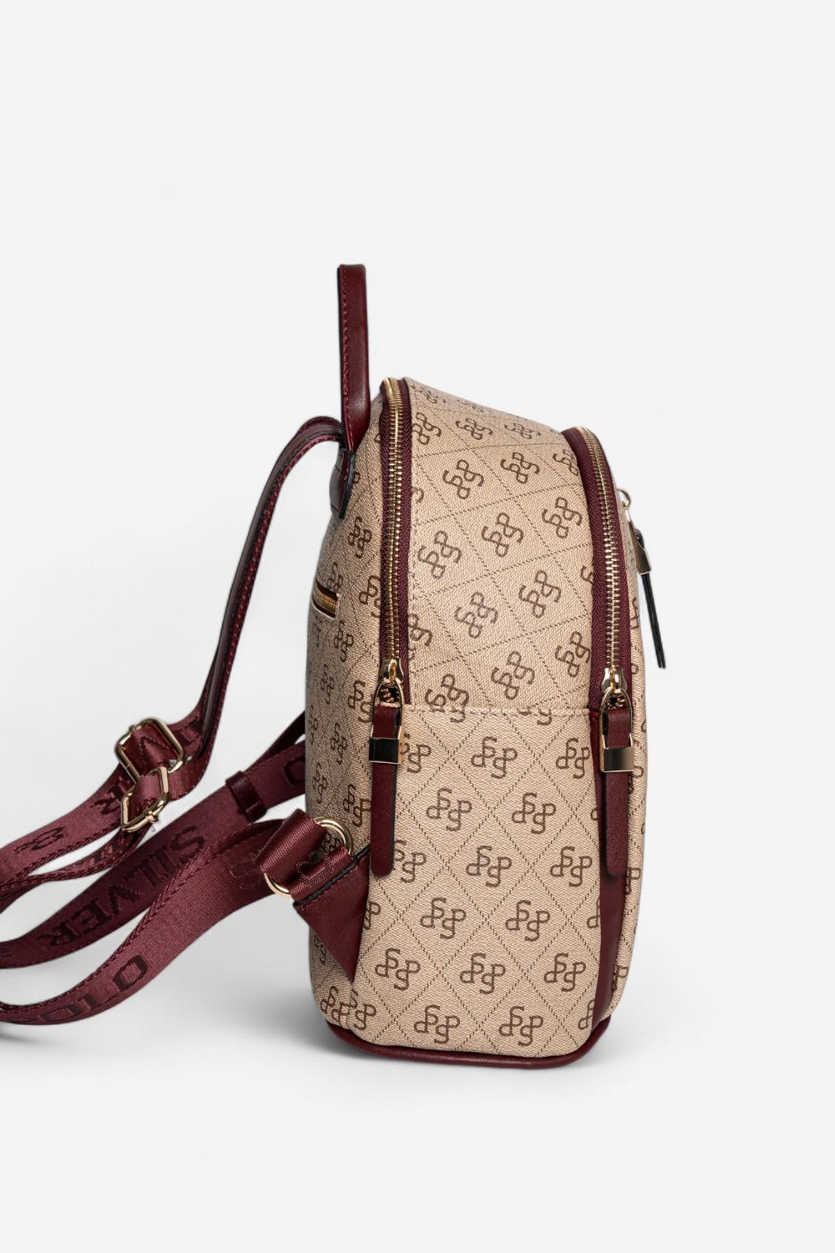 Silver & Polo SP901 Kadın Sırt Çantası Monogram Koyu Bej-Bordo