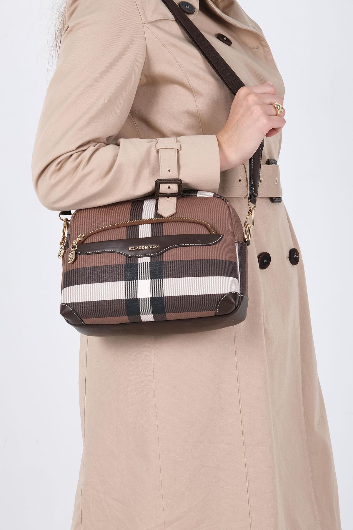 Silver & Polo SP1201 Kadın Çapraz Çanta Ekose Koyu Kahve-Kahve