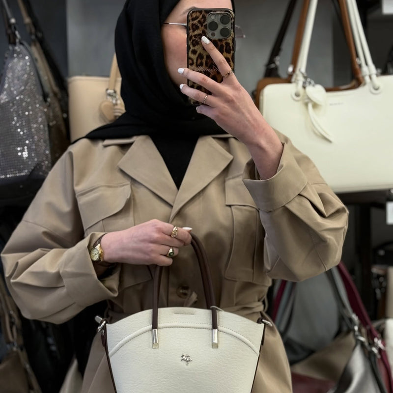NASBAG Soft-Touch Deri Dokulu Krem Kahve Kadın El ve Omuz Çantası - 1375 - 1