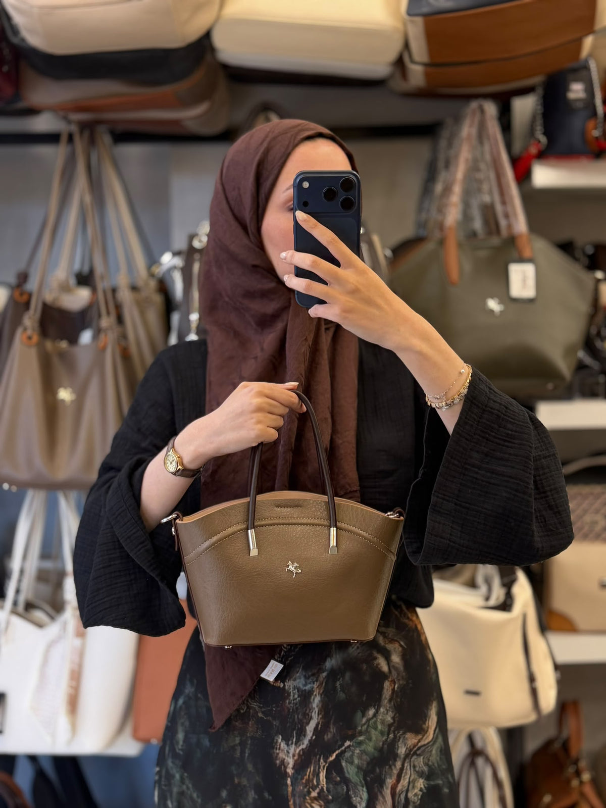 NASBAG Soft-Touch Deri Dokulu Vizon Kahve Kadın El ve Omuz Çantası - 1375