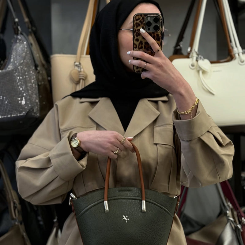 NASBAG Soft-Touch Deri Dokulu Haki Taba Kadın El ve Omuz Çantası - 1375 - 1