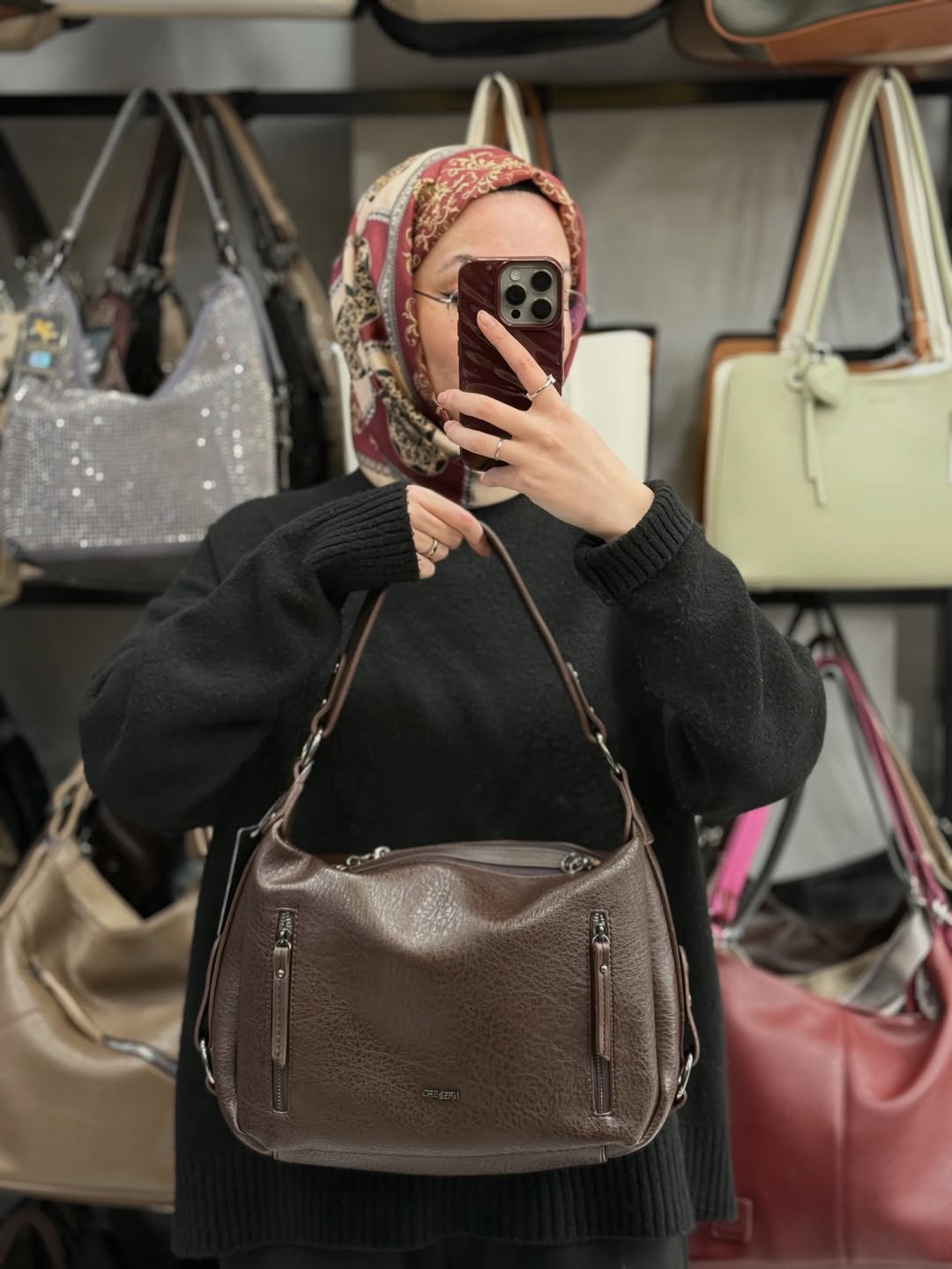 NASBAG Krem Kahve Çift Ana Bölmeli Hobo Kadın El ve Omuz Çantası - 1397