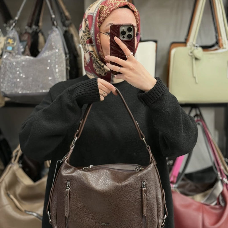 NASBAG Acı Kahve Çift Ana Bölmeli Kadın El ve Omuz Çantası - 1397 - 11