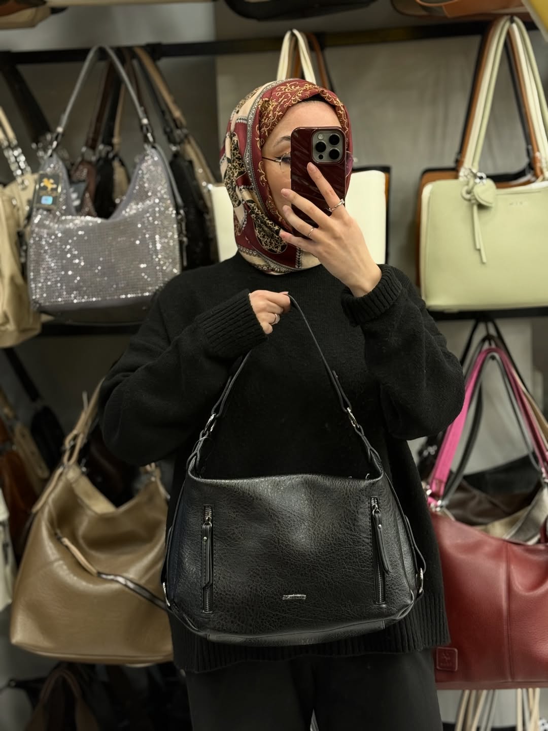 NASBAG Siyah Çift Ana Bölmeli Hobo Kadın El ve Omuz Çantası - 1397