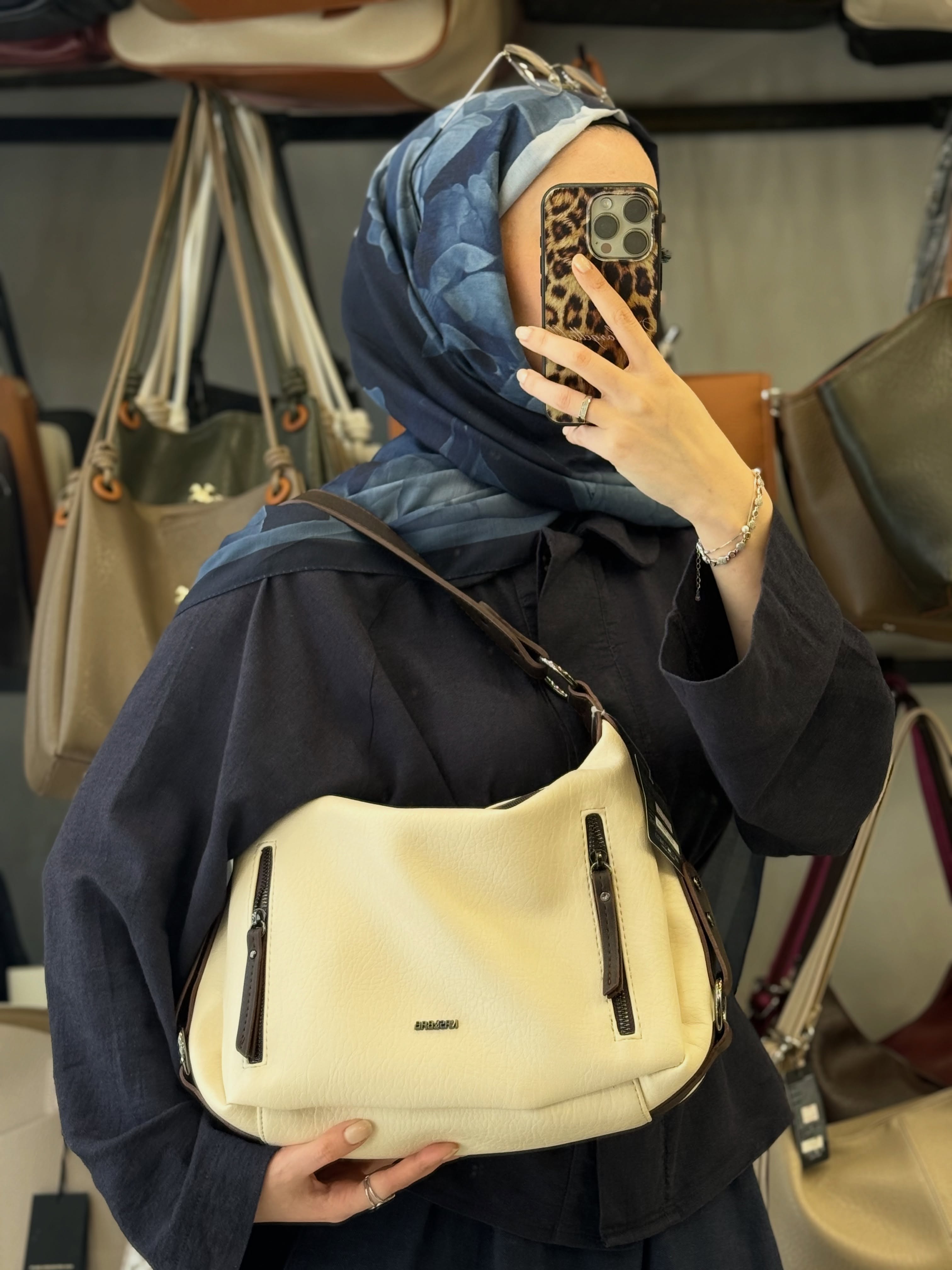 NASBAG Krem Kahve Çift Ana Bölmeli Hobo Kadın El ve Omuz Çantası - 1397