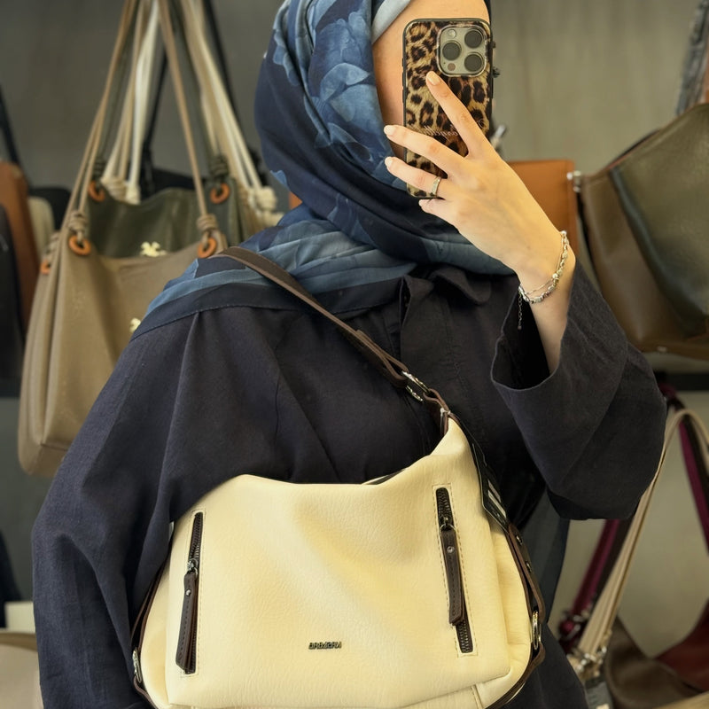 NASBAG Krem Kahve Çift Ana Bölmeli Hobo Kadın El ve Omuz Çantası - 1397 - 2