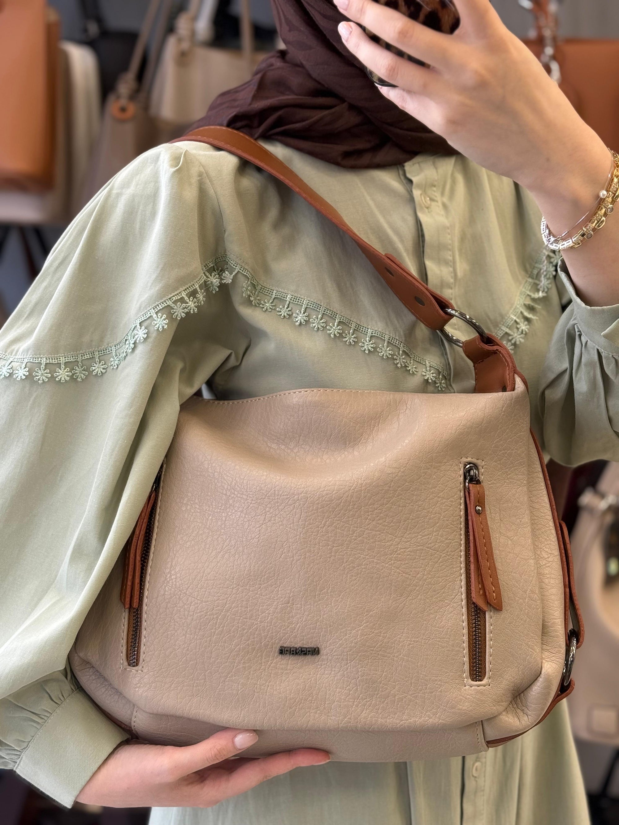 NASBAG Kum Taba Çift Ana Bölmeli Kadın El ve Omuz Çantası - 1397