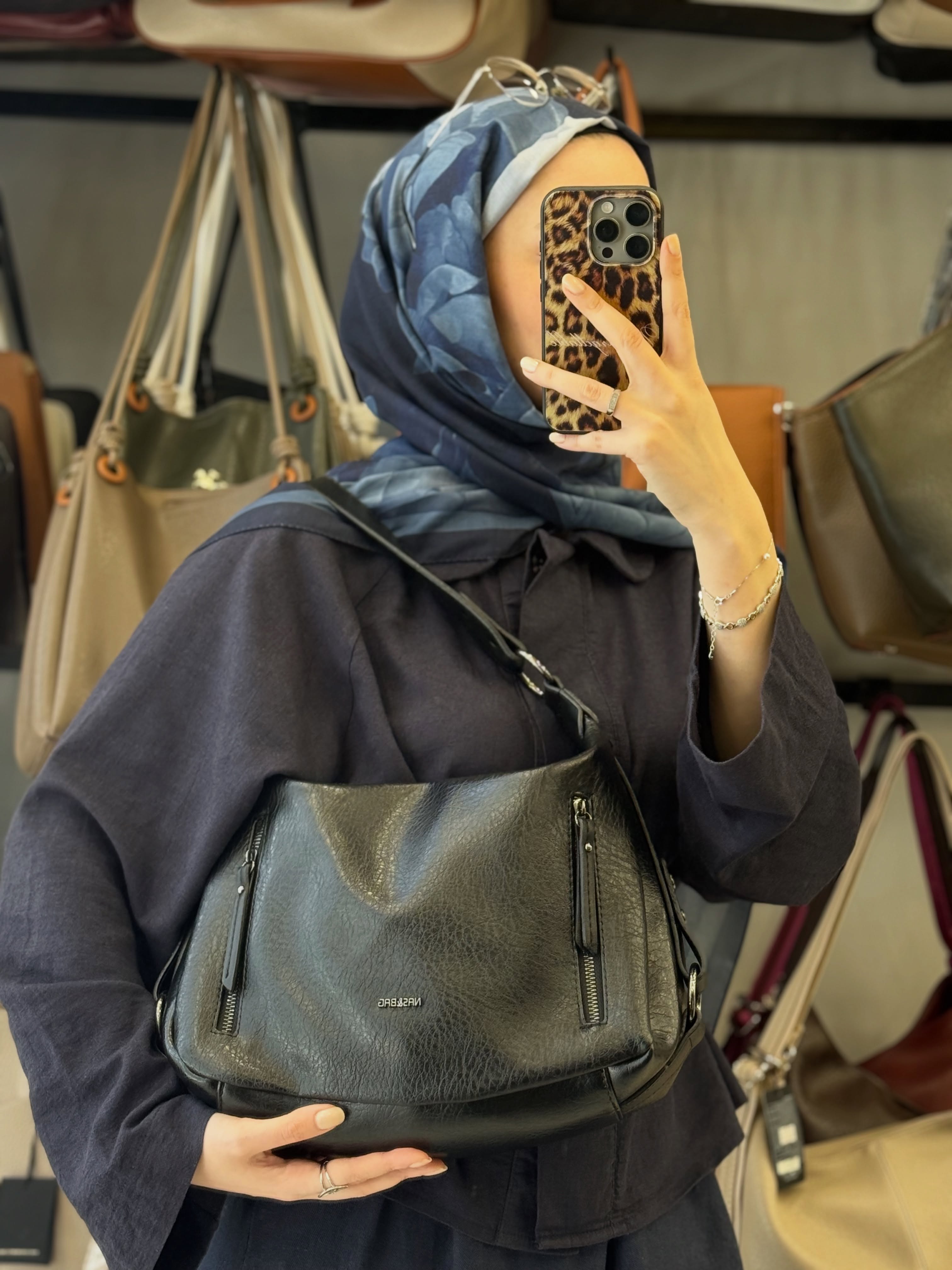 NASBAG Siyah Çift Ana Bölmeli Hobo Kadın El ve Omuz Çantası - 1397