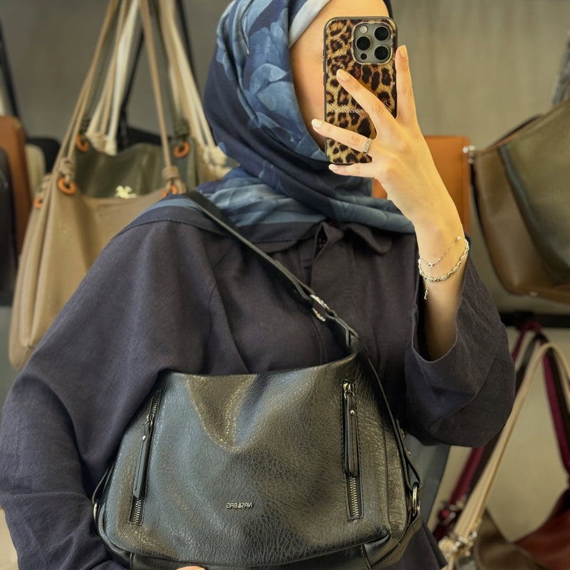 NASBAG Siyah Çift Ana Bölmeli Hobo Kadın El ve Omuz Çantası - 1397 - 2