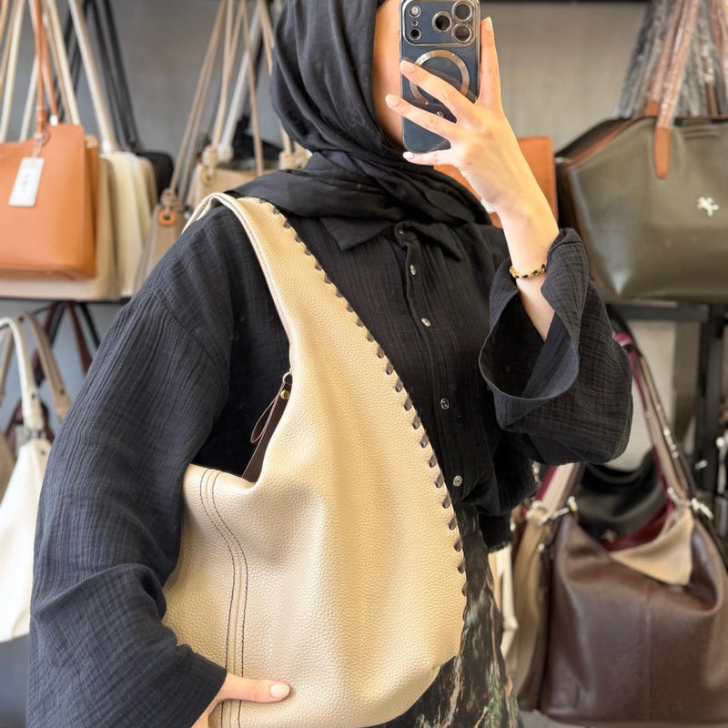 Nas Bag Kum Kahve Kenar Örgü Detaylı Omuz Çantası - 1409 - 1
