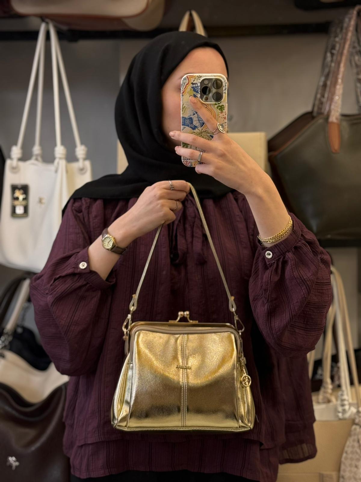 Nas Bag Burslu Klipsli Gold Rengi Vintage Omuz ve Çapraz Çanta - 1432