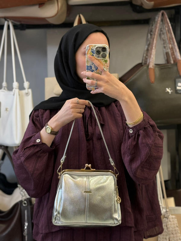 Nas Bag Burslu Klipsli Gümüş Rengi Vintage Omuz ve Çapraz Çanta - 1432
