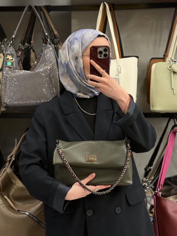 Nas Bag Haki Zincir Askılı Katlamalı Çok Yönlü Kadın Omuz ve Clutch Çanta - 1513