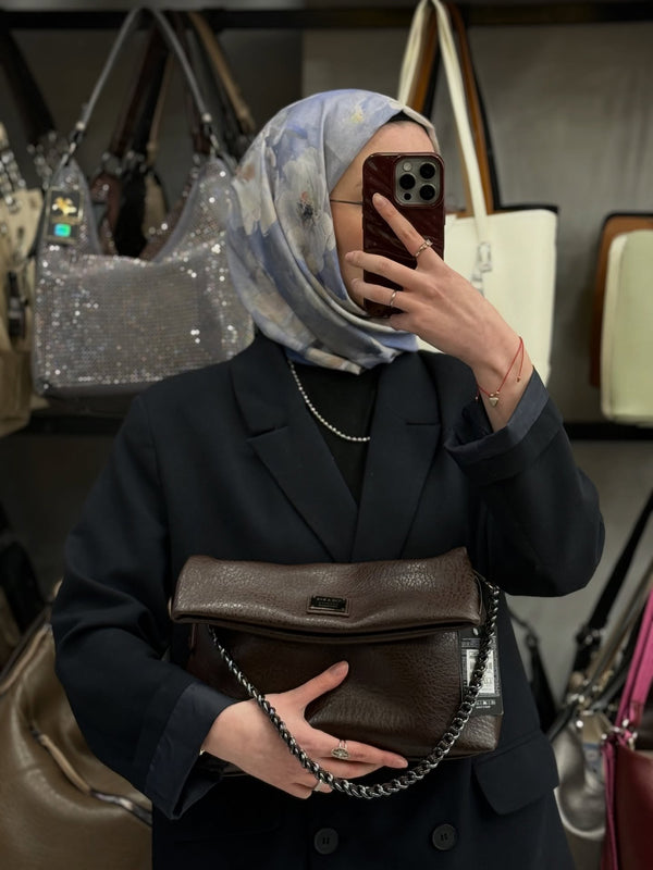 Nas Bag Acı Kahve Zincir Askılı Katlamalı Çok Yönlü Kadın Omuz ve Clutch Çanta - 1513