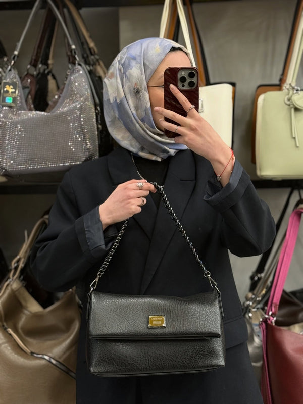 Nas Bag Siyah Zincir Askılı Katlamalı Çok Yönlü Kadın Omuz ve Clutch Çanta - 1513