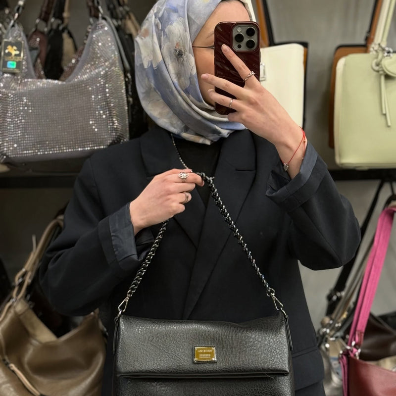Nas Bag Siyah Zincir Askılı Katlamalı Çok Yönlü Kadın Omuz ve Clutch Çanta - 1513 - 2