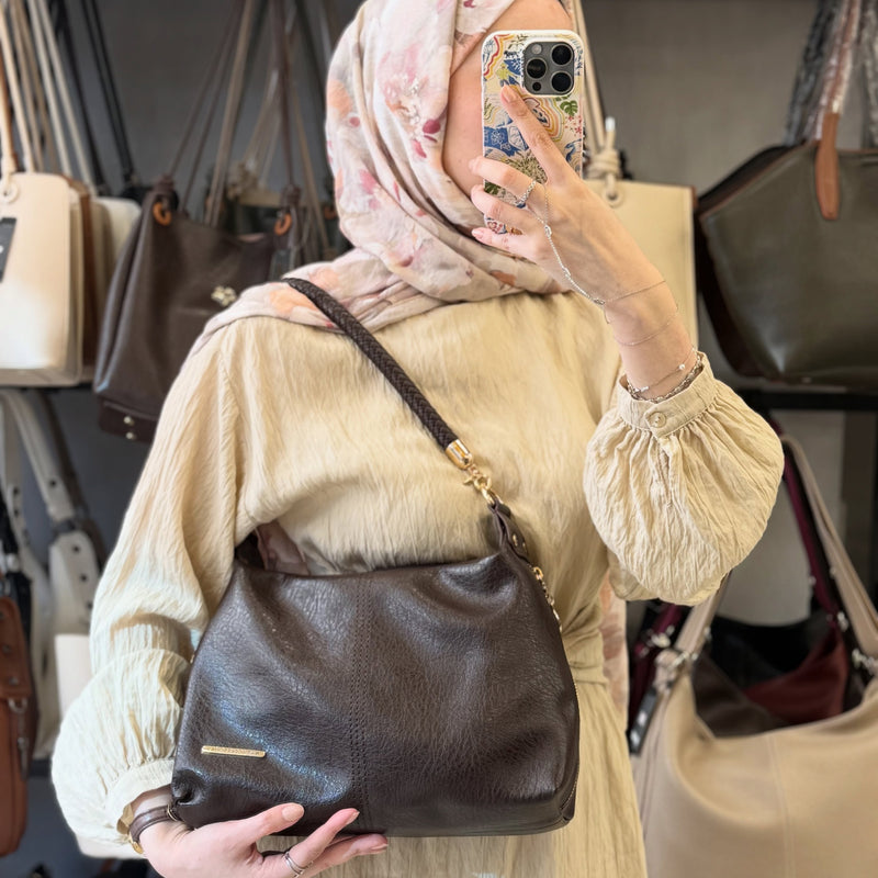 Nas Bag Kadın Kahverengi Şık Örgülü Askılı Omuz ve Çapraz Çanta - 1515 - 1