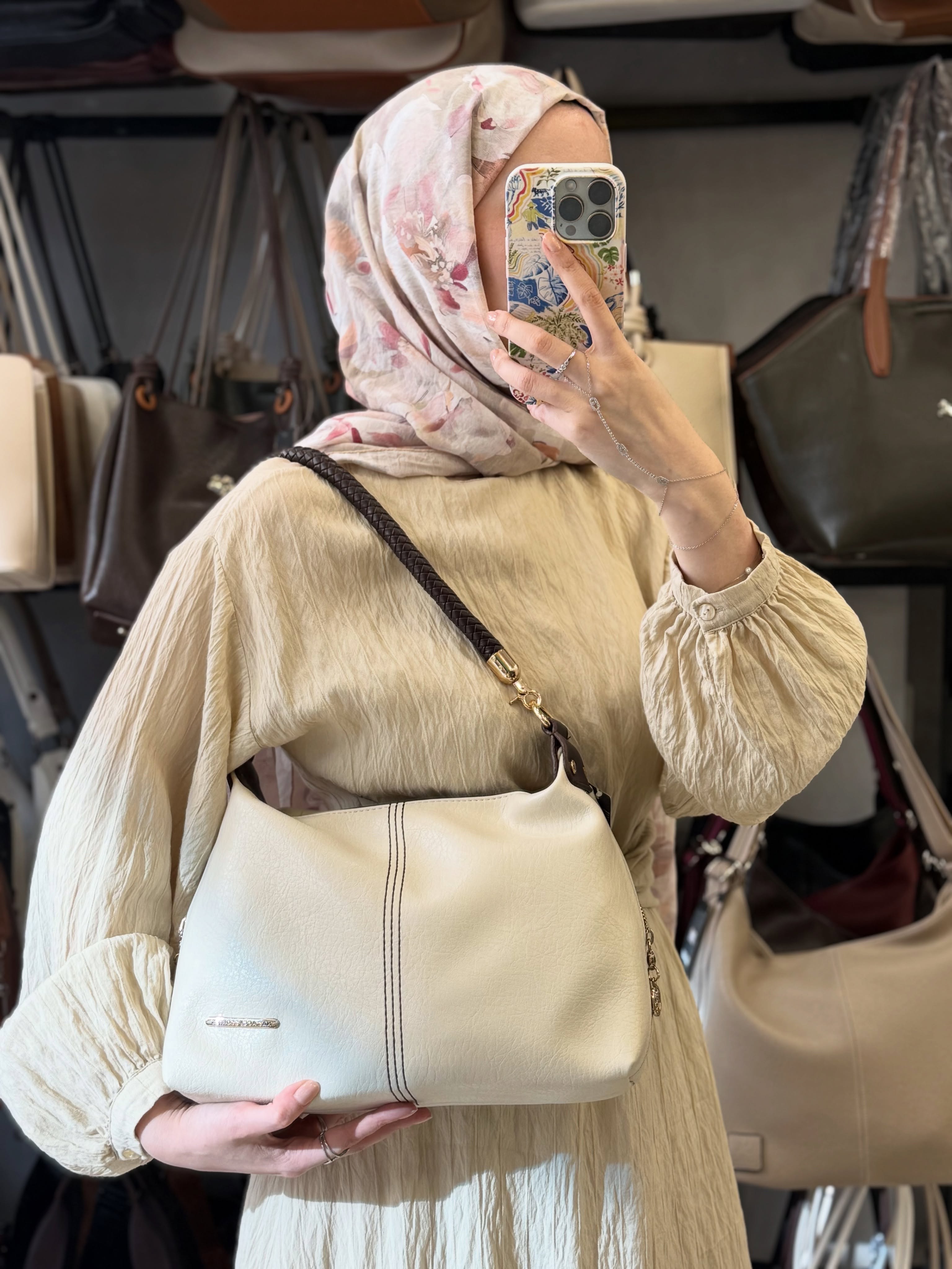 Nas Bag Kadın Krem Kahve Şık Örgülü Askılı Omuz ve Çapraz Çanta - 1515