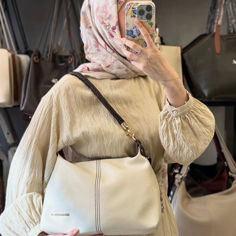 Nas Bag Kadın Krem Kahve Şık Örgülü Askılı Omuz ve Çapraz Çanta - 1515 - 1