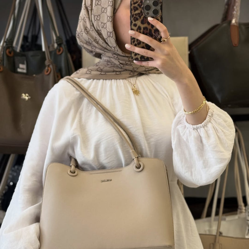 Nas Bag Krem Klasik 3 Bölmeli Kadın Omuz Çantası - 1540 - 1