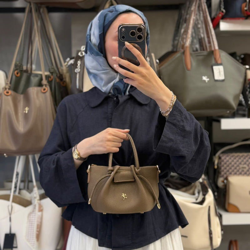 Nas Bag Kadın Mini Büzgülü Şık Vizon Çapraz Çanta - 1542 - 1