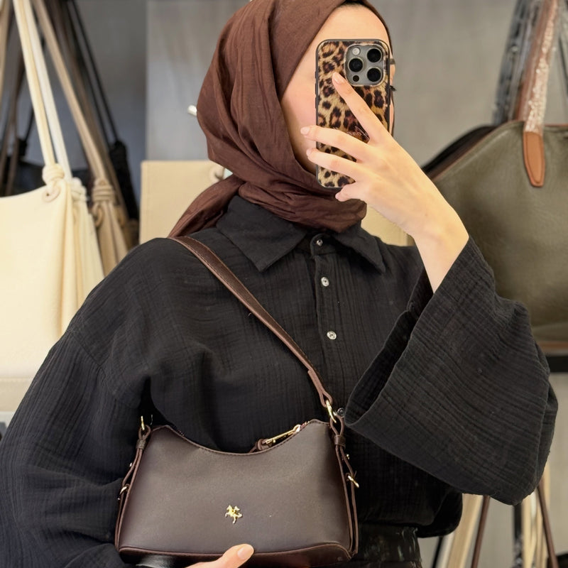 Nas Bag Acı Kahve Minimalist Deri Askılı Baget & Çapraz Omuz Çantası - 1549 - 1