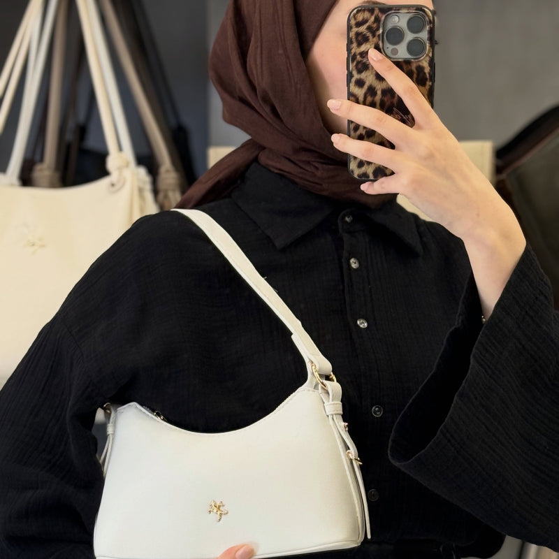 Nas Bag Beyaz Minimalist Deri Askılı Baget & Çapraz Omuz Çantası - 1549