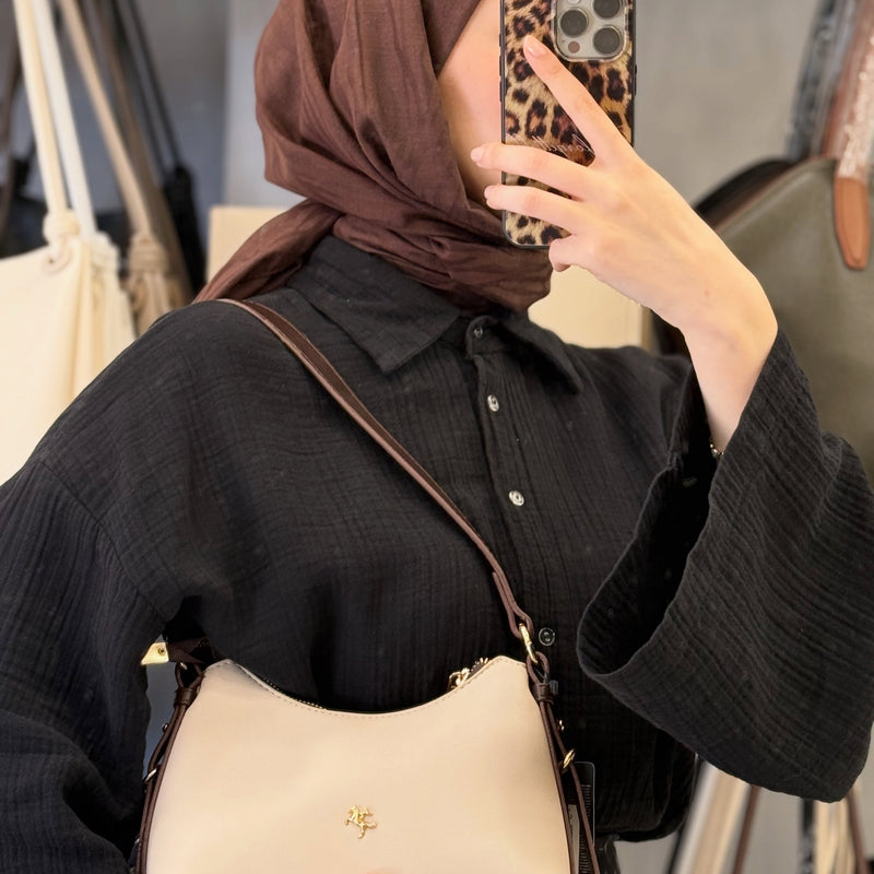 Nas Bag Krem Kahve Minimalist Deri Askılı Baget & Çapraz Omuz Çantası - 1549