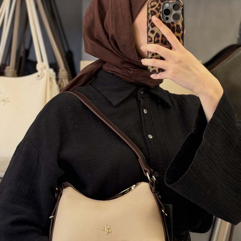 Nas Bag Kum Kahve Minimalist Deri Askılı Baget & Çapraz Omuz Çantası - 1549 - 1