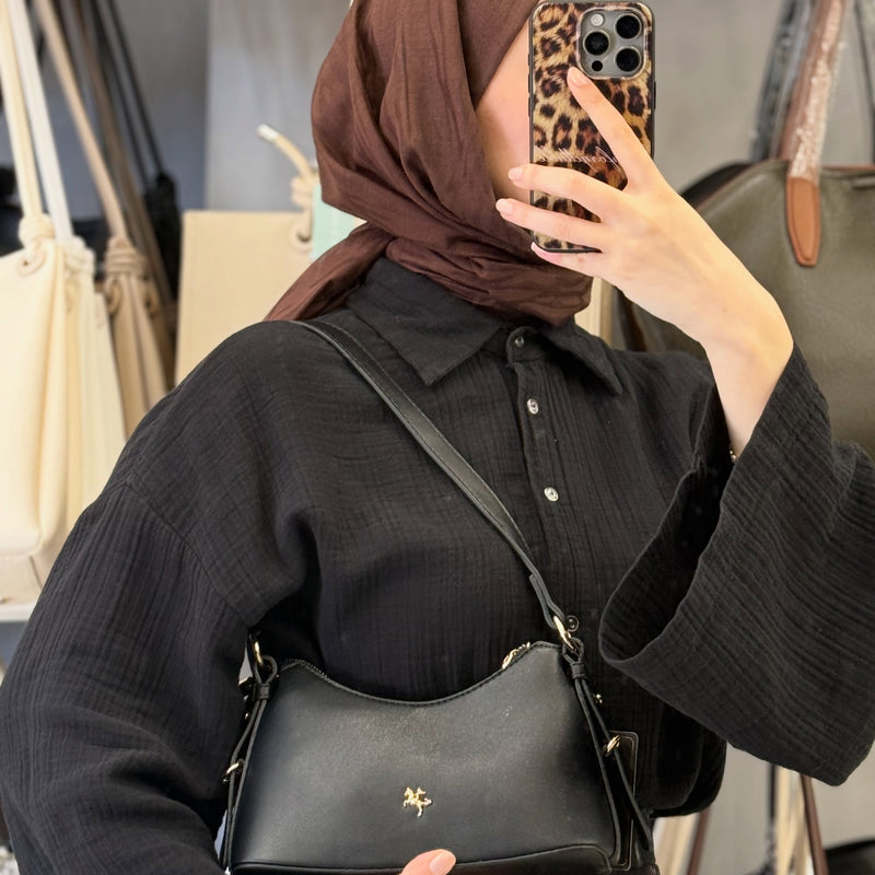 Nas Bag Siyah Minimalist Deri Askılı Baget & Çapraz Omuz Çantası - 1549