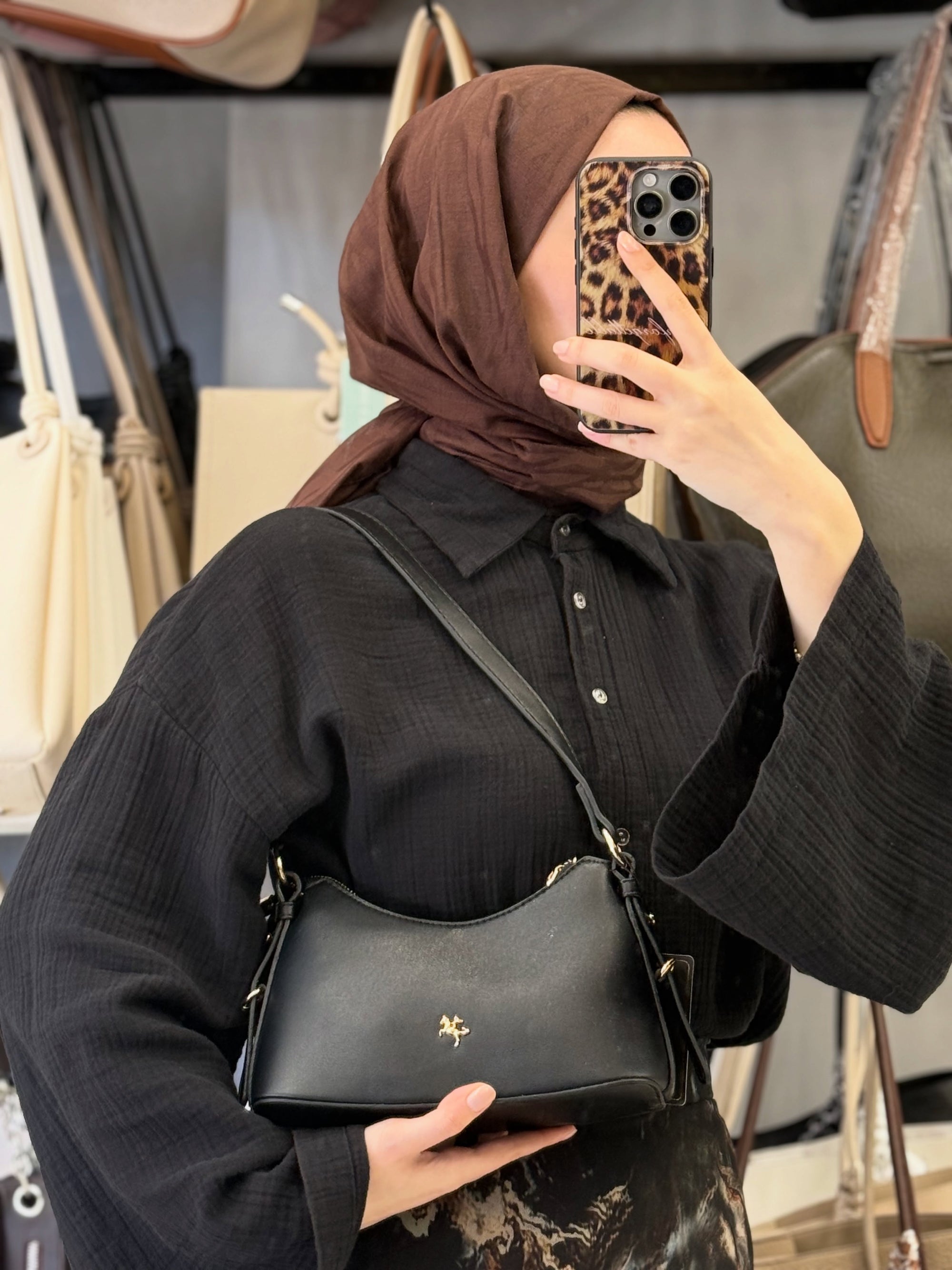 Nas Bag Siyah Minimalist Deri Askılı Baget & Çapraz Omuz Çantası - 1549