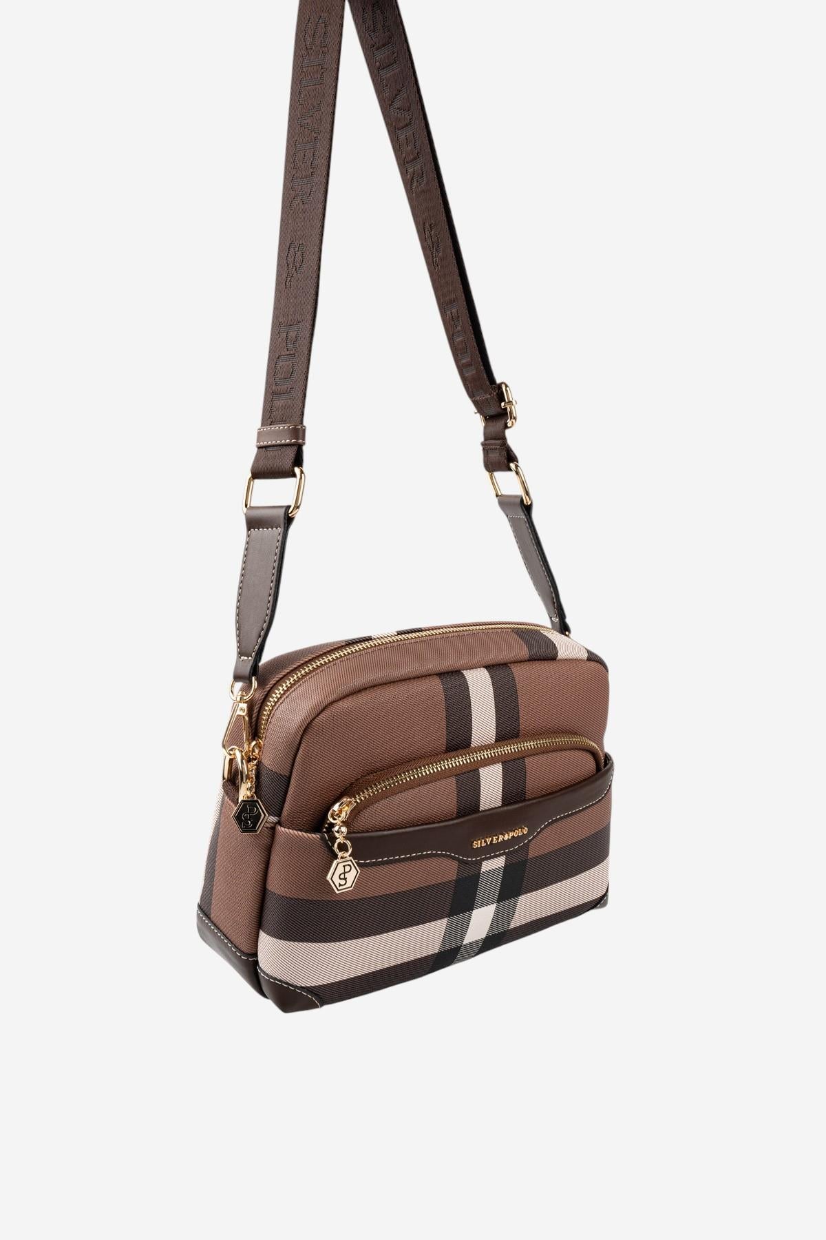 Silver & Polo SP1201 Kadın Çapraz Çanta Ekose Koyu Kahve-Kahve