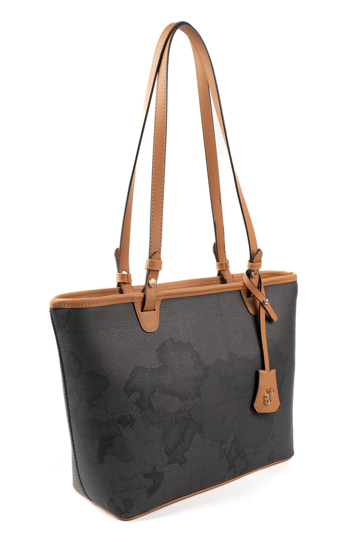 Silver & Polo SP1204 Kadın Omuz Çantası Harita Siyah-A.Taba