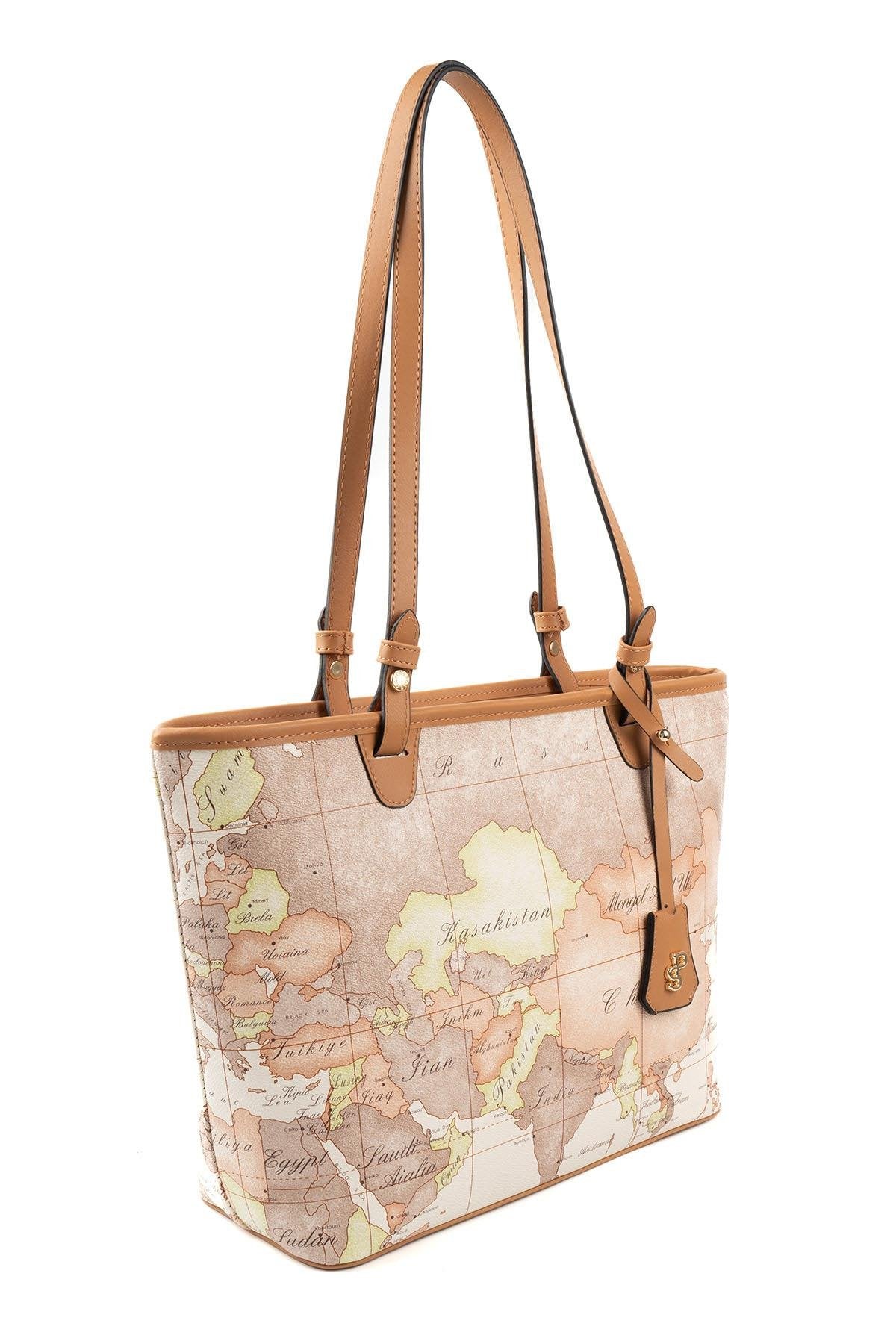 Silver & Polo SP1204 Kadın Omuz Çantası Harita Bej-A.Taba