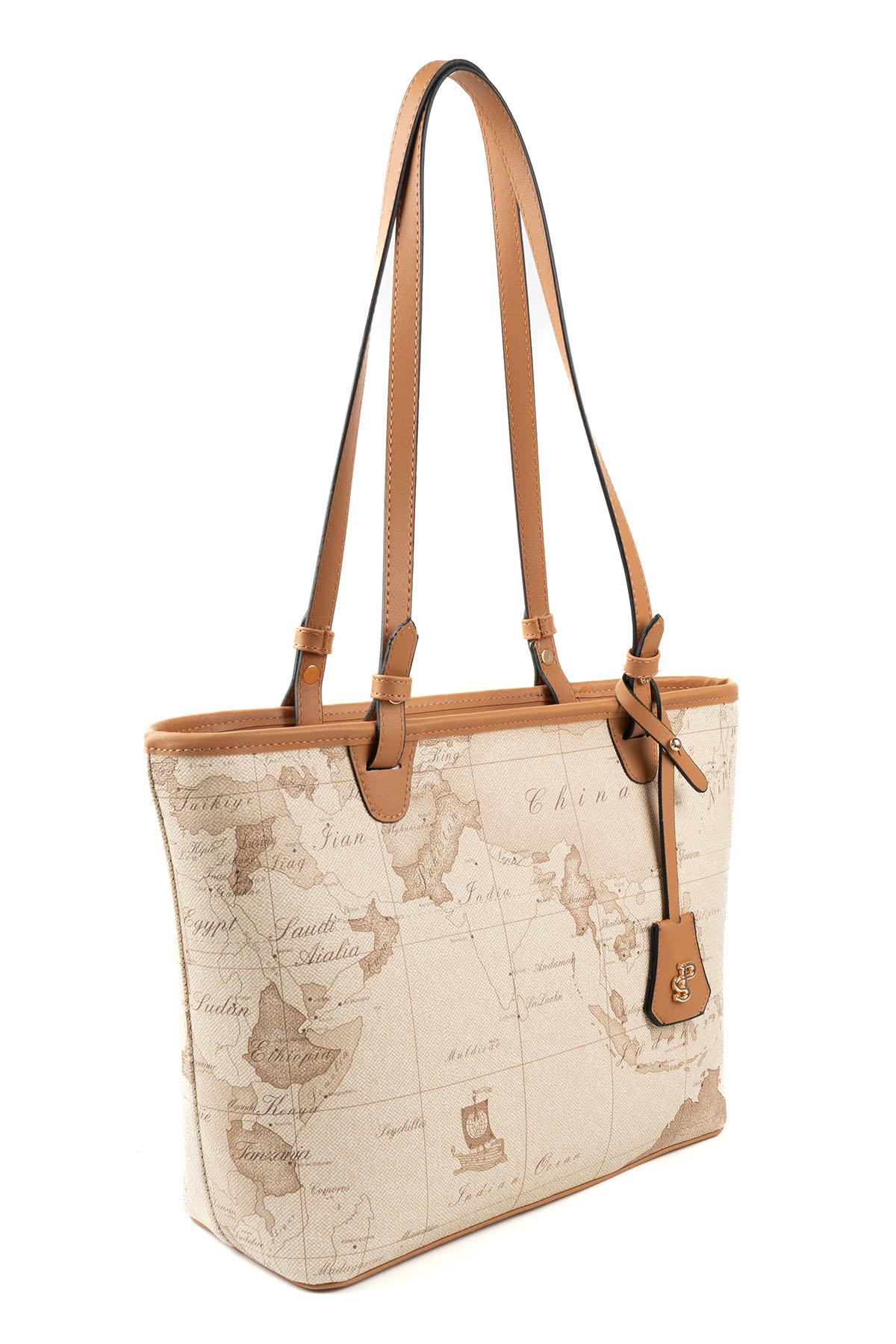 Silver & Polo SP1204 Kadın Omuz Çantası Harita Koyu Bej-A.Taba