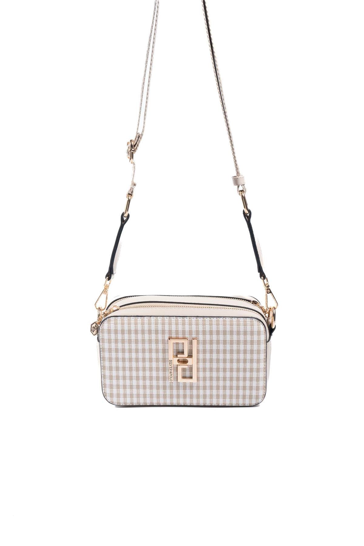 Silver & Polo SP1078 Kadın Çapraz Çanta Ekose Line Kare Kum Beji-Kum