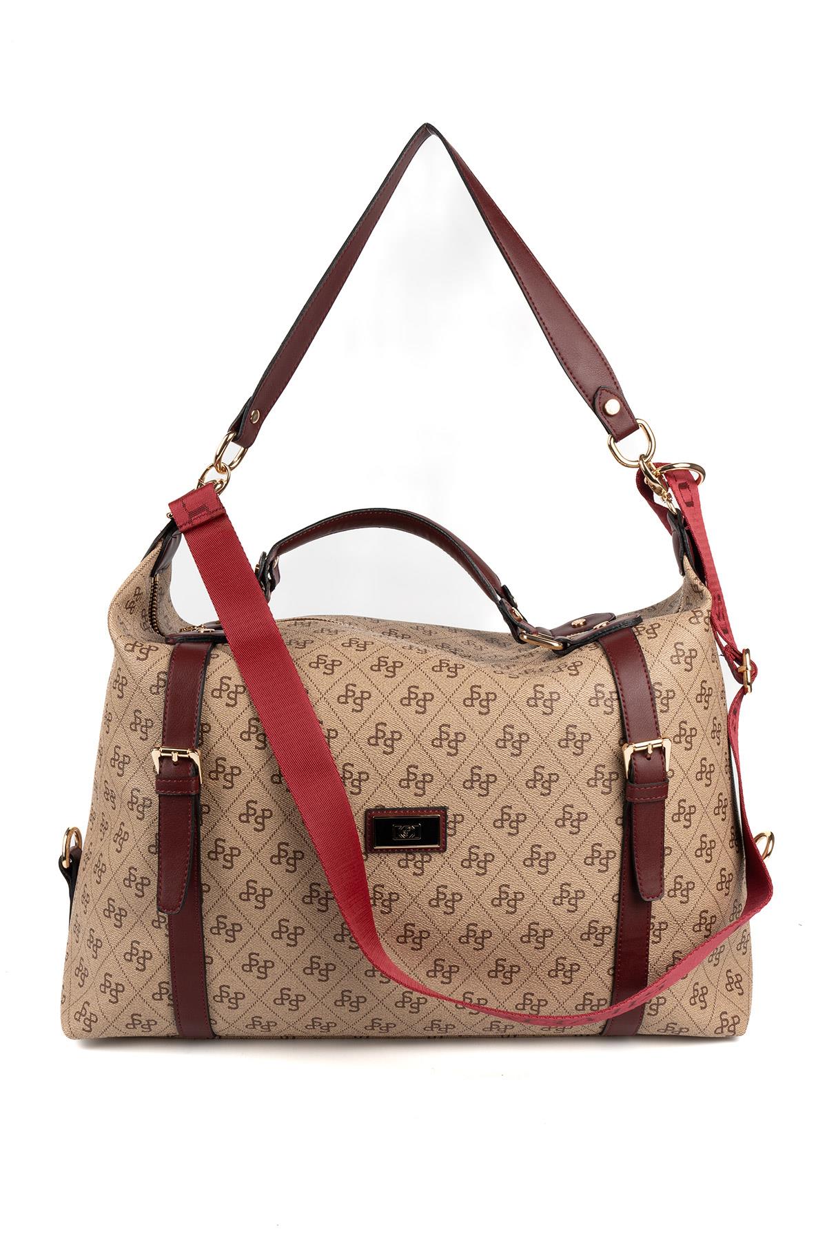Silver & Polo Koyu Bej - Bordo SP1064 Kadın Seyahat Çantası
