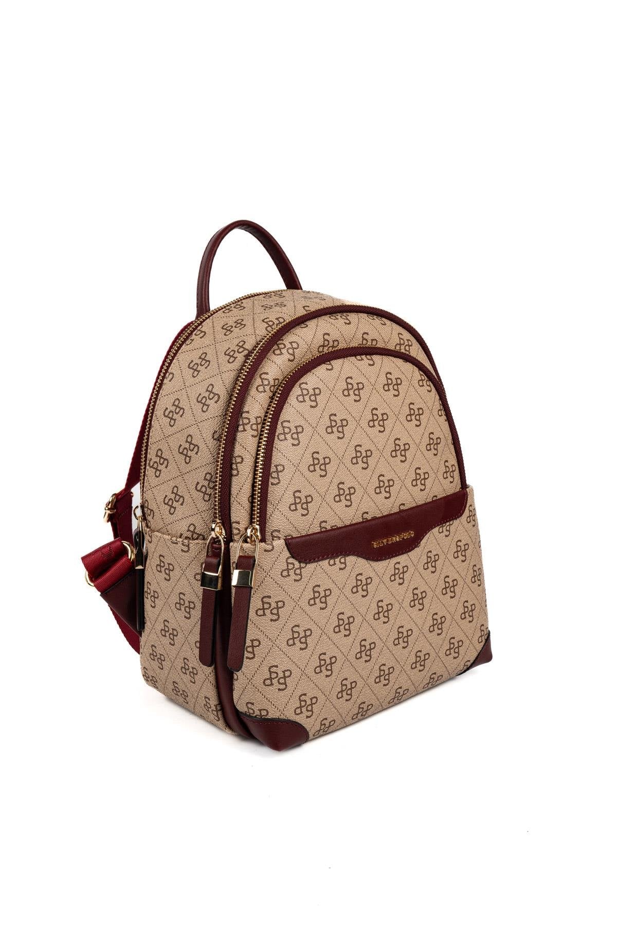 Silver & Polo SP1265 Kadın Sırt Çantası Monogram Koyu Bej-Bordo
