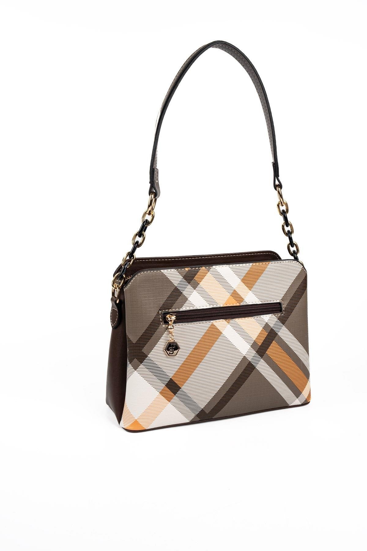 Silver & Polo SP937 Kadın Omuz Çantası Ekose Haki-Kahve