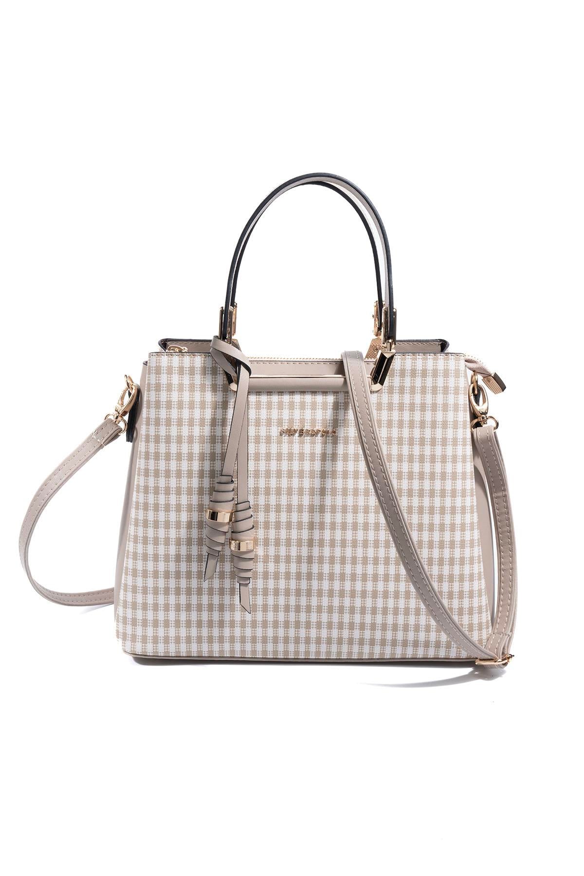 Silver & Polo SP969 Kadın El Çantası Ekose Line Kare Kum Beji-Kum