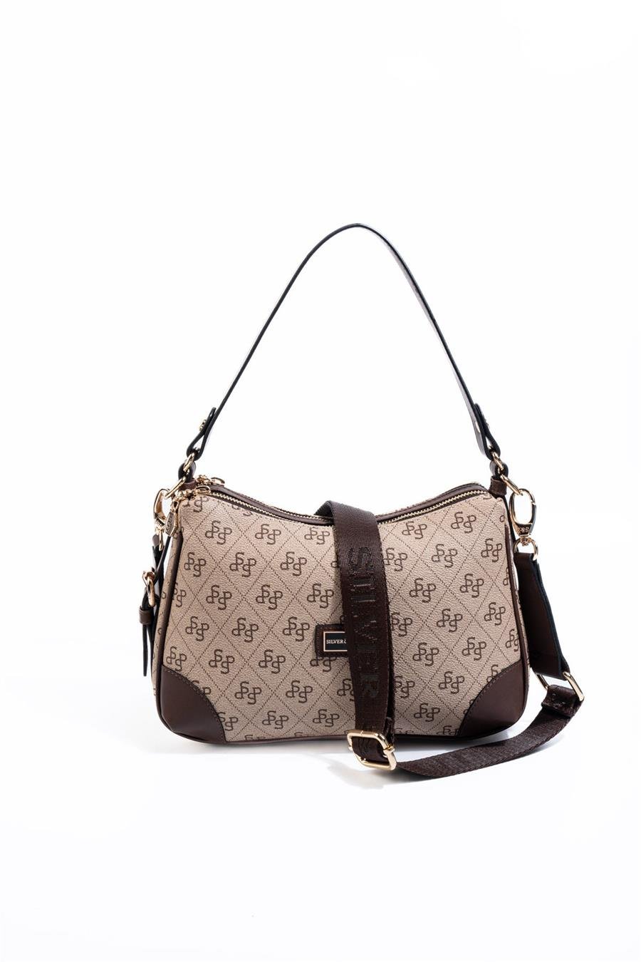 Silver & Polo SP1269 Kadın Omuz Çantası Monogram Koyu Bej-Kahve