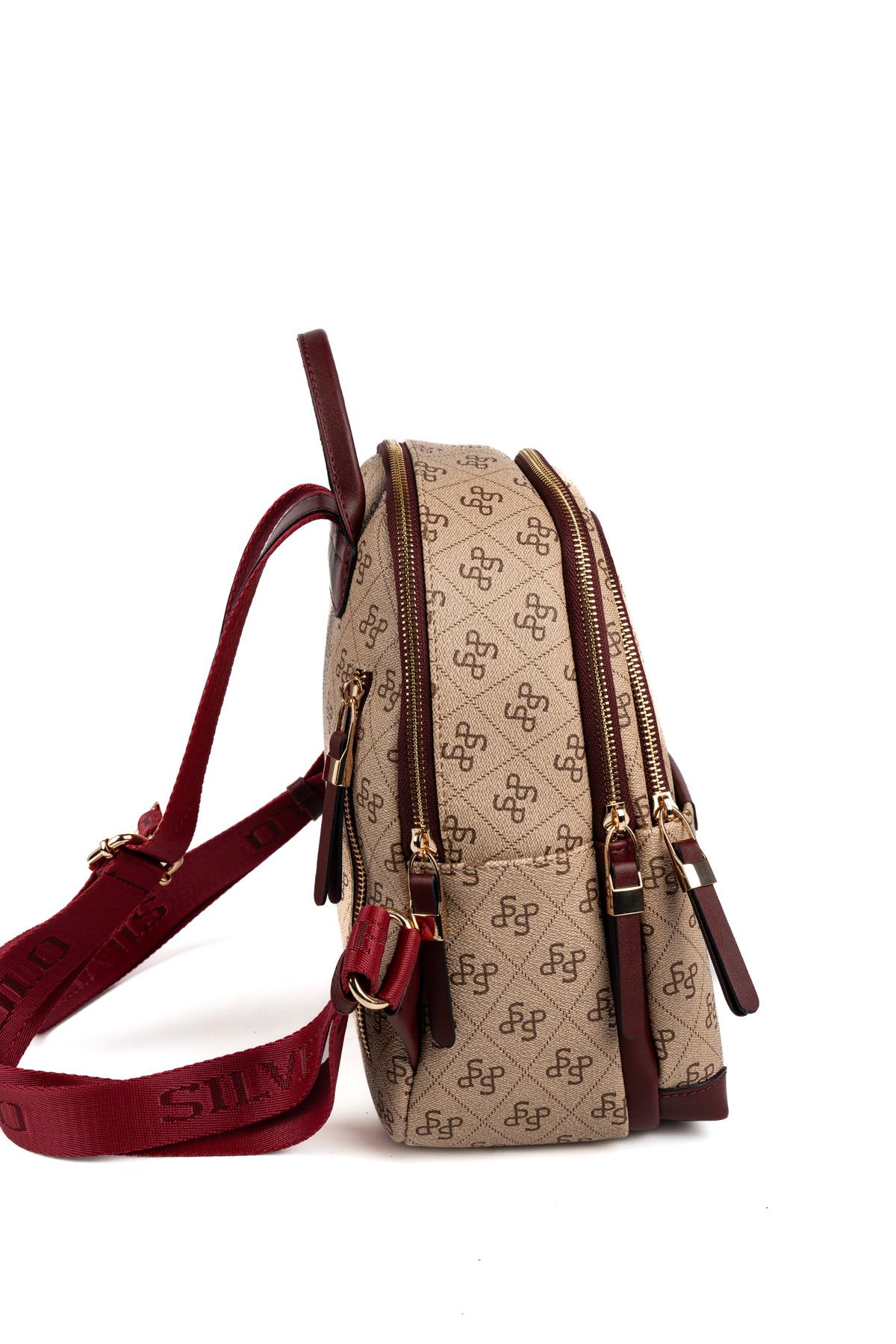 Silver & Polo SP1265 Kadın Sırt Çantası Monogram Koyu Bej-Bordo