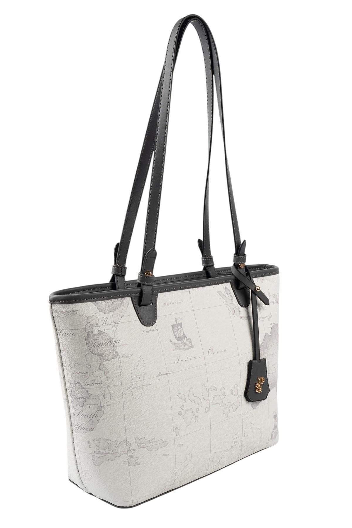 Silver & Polo SP1204 Kadın Omuz Çantası Harita Beyaz-Antrasit