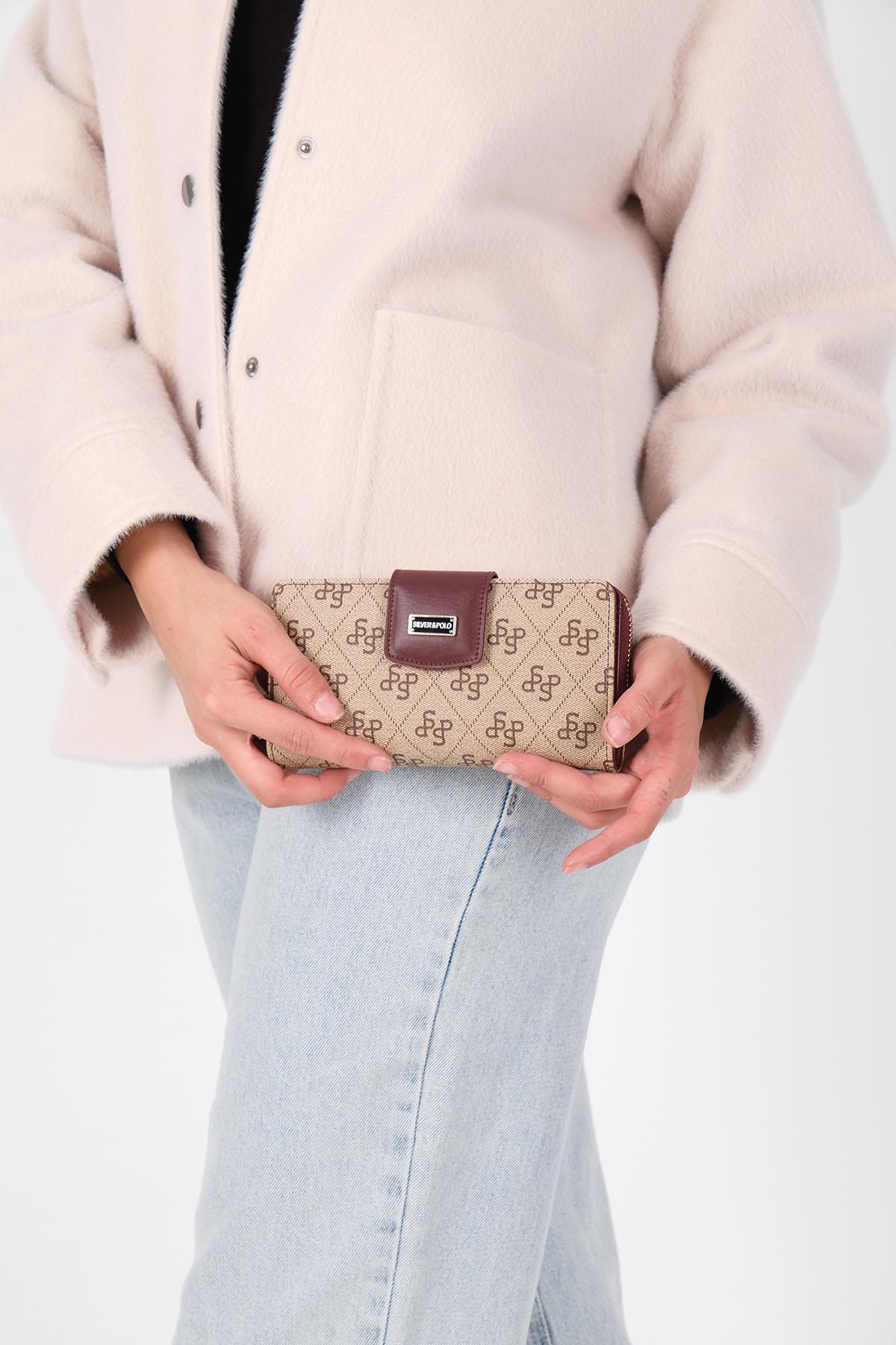 Silver & Polo SP928 Kadın Cüzdan & Kartlık Monogram Koyu Bej-Bordo