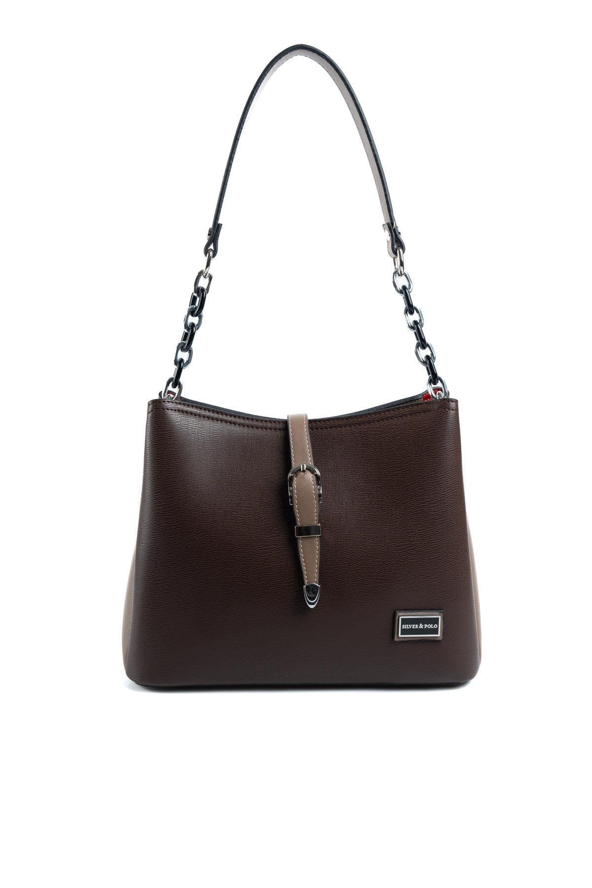 Silver & Polo Kahve - Vizon SP974 Kadın Omuz Çantası