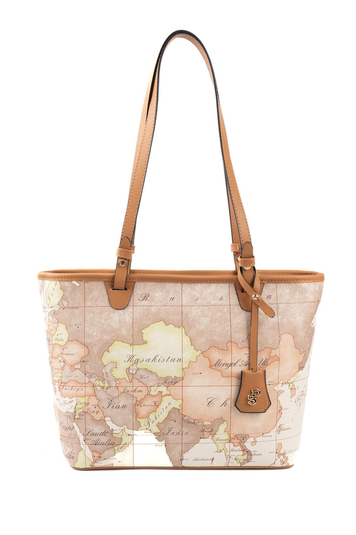 Silver & Polo SP1204 Kadın Omuz Çantası Harita Bej-A.Taba